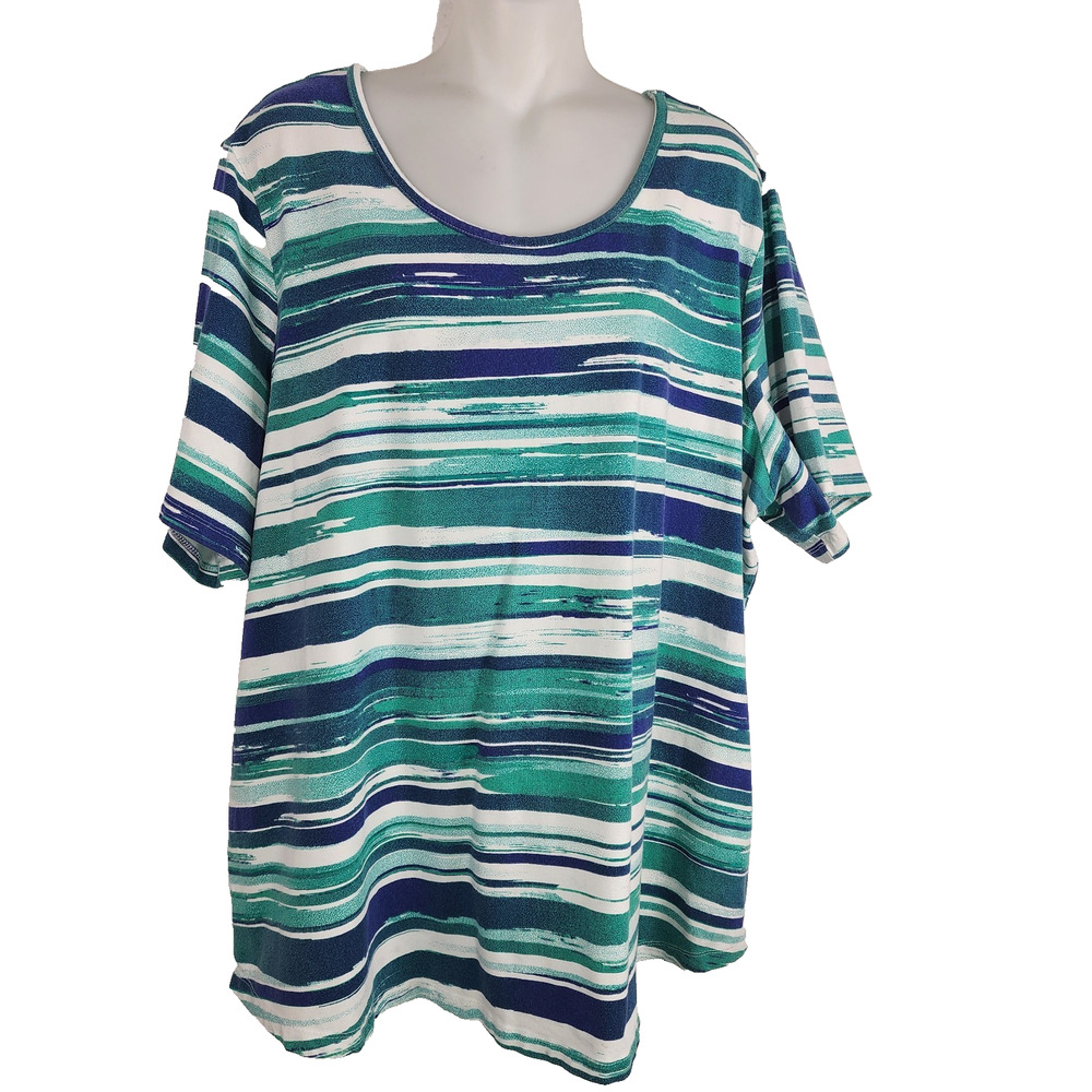 Denim & Co Active Printed Perfect Jersey Curved Hem Top Size 3X Jade A307535